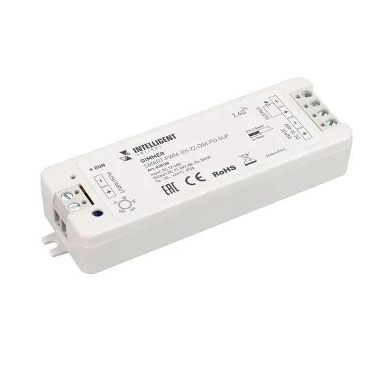 Фото товара INTELLIGENT ARLIGHT Диммер SMART-PWM-101-72-DIM-PD-SUF (12-48V, 1x8A, SS, 2.4G) (IARL, IP20 Пластик, 5 лет)