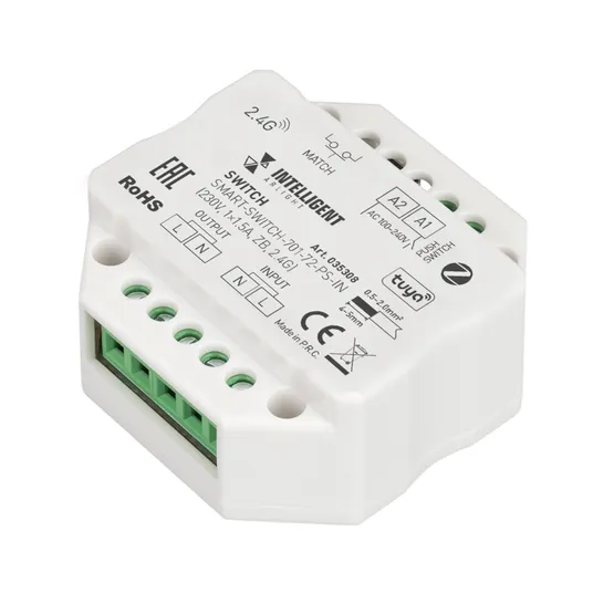 Фото #1 товара INTELLIGENT ARLIGHT Релейный модуль SMART-SWITCH-701-72-PS-IN (230V, 1x1.5A, ZB, 2.4G) (IARL, Пластик)