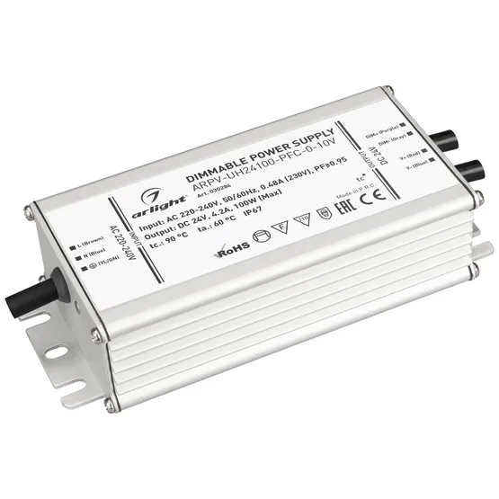 Фото #1 товара Блок питания ARPV-UH24100-PFC-0-10V (24V, 4.2A, 100W) (Arlight, IP67 Металл, 7 лет)