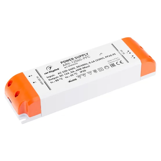 Фото товара Блок питания ARV-12060-PFC (12V, 5A, 60W) (Arlight, IP20 Пластик, 2 года)